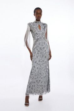 Petite Embellished Beaded Cap Sleeve Woven Maxi Dress | Karen Millen Fitted Beaded Fringe Dresses For Prom, Embellished Fitted Maxi Dress For Evening, Sparkling Maxi Dress For Evening, Gala Evening Dress With Beaded Fringe For Party Season, Sparkling Maxi Dress For Evening And Party Season, Sparkling Maxi Dress For Evening Party Season, Evening Dresses With Rhinestone Fringe For Prom, Sparkling Evening Maxi Dress For Party Season, Elegant Festive Maxi Dress