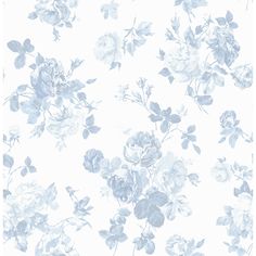 a white and blue flowered wallpaper with lots of flowers on the side of it