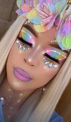 Unicorn Makeup Halloween, Make Carnaval, Fantasy Dream, Galaxy Makeup, Pastel Makeup, Candy Makeup, Drag Make-up, Butterfly Makeup, Flower Makeup