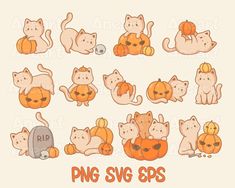 a set of cartoon cats with pumpkins on their heads, and the words png svg eps