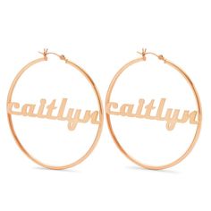 Get a fabulous personalized jewelry accessory with these Modern Script Rose Gold Name Hoops.  These custom 2" rose gold plated sterling silver name hoop earrings feature a name or word of your choice in a trendy modern font.  Letter size may vary depending on length of name. Name Hoop Earrings, Coordinates Jewelry, Text Gift, Family Tree Necklace, Monogram Jewelry, Cz Stud Earrings, Engraved Jewelry, Birthstone Jewelry, Gold Plated Sterling Silver