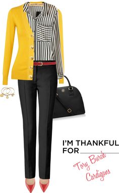 "Cardigan by TORY BURCH" by fashionmonkey1 on Polyvore Valentino Pumps, Ferragamo Bag, Yellow Jacket, Chic Outfit, Casual Work Outfits, Fashion Mode