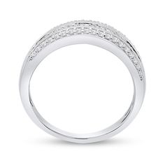 Add sparkle to all your favorite looks when you wear this baguette-cut and round diamond triple-row ring in sterling silver. Crafted in sterling silver Channel-set baguette-cut diamonds shimmer between polished and diamond-lined borders. This triple-row ring captivates with 1/2 ct. t.w. of diamonds. This ring is available in size 7 only. Modern Silver Diamond Ring With Baguette Diamonds, Baguette Cut Diamond Ring With Pave Setting, Silver Diamond Ring With Baguette And Round Cut, Silver Baguette Diamond Ring With Round Cut, Baguette Diamond Ring With Diamond Accents, Silver Baguette Ring Fine Jewelry, Timeless Silver Rings With Baguette Diamonds, Classic Sterling Silver Rings With Baguette Diamonds, Silver Baguette Diamond Rings