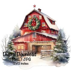 a watercolor painting of a red barn with wreath on it