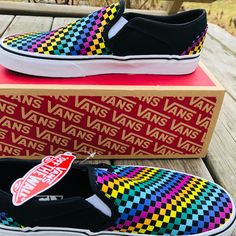 Vans - Asher Mini Check Slip-On Sneakers - Off The Wall Black & Multi Colored - Rainbow Colors Women's Size 9.5 Features: Canvas Slip-On With Dual Elastic Gores Round Toe Cushioned Footbed Signature Waffle Rubber Bottom Sole Pride Graphics New In Box Checkered Rainbow Vans, Black Rainbow Vans, Pretty Sneakers, Slipon Sneakers, Black Rainbow, Vans Black, Womens Vans, Sneakers Shoes, Off The Wall