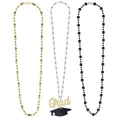 "Find the 20\" Graduation Layered Bead Necklace Set at Michaels. com. Show off your big achievement with this graduation layered bead necklace! Show off your big achievement with this graduation layered bead necklace! It features a layer each of black, silver, and gold necklaces and a pendant with a gold Grad and black mortarboard cap. Details: Includes multiple styles and colors 2 packs of 3 necklaces (6 necklaces total) Plastic with electroplated finishesSize Information Gold beaded necklace ( Gold Beaded Necklace, White Beaded Necklaces, Black Bead Necklace, Gold Bead Necklace, Gold Necklaces, White Beads, Black Beads, Gold Beads, Bead Necklace