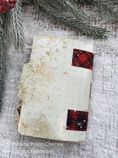 an old book sitting on top of snow covered ground next to evergreen branches and pine cones