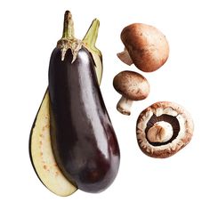 an eggplant and mushrooms are shown on a white background