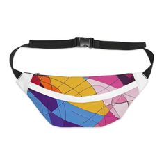 a fanny bag with an abstract design on the front and side, featuring multicolored shapes