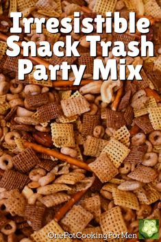 a pile of cheetos and pretzels with the words irresistiblely snack trash party mix