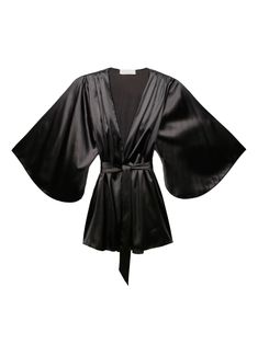 black silk satin shawl collar belted waist wide sleeves straight hem thigh-length Black Angels, Angel Sleeve, Angel Baby, Silk Robe, Pretty Lingerie, Demi Bra, Silk Charmeuse, Lace Cami, Lace Bodysuit