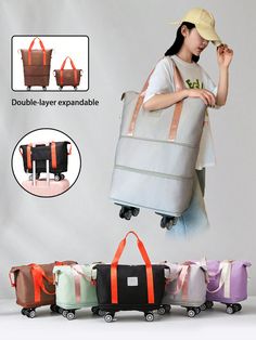 Bolsa de viaje plegable con ruedas, gran capacidad para ropa, bolsa de fin de semana, bolsa de una noche, bolsa de equipaje, cubierta portátil, bolsa de viaje, bolsa de viaje de negocios a corta distancia, bolsa de viaje de maternidad de tela Oxford, con bolsillos de separación de mojado y seco, adecuada para viajes, vacaciones, vuelta al colegio, viajes, dormitorio, estudiantes universitarios, estudiantes de secundaria Gris Deportivo   poliamida Color combinado,Letras,Liso Bolso de Viaje con Ruedas,Bolso de Viaje Fashion   Luggage & Travel Gear, size features are:Bust: ,Length: ,Sleeve Length: Xmas Gifts For Mum, Weekend Duffle Bag, Luggage Storage Bag, Business Travel Bag, Travel Bag Set, Large Storage Bags, Weekend Travel Bags, Sac Week End, Trolley Bags