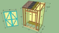 the plans for a chicken coop are shown in blue and green, with an open door