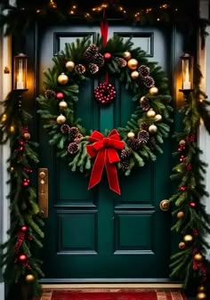 a green door decorated with christmas wreaths and pine cones, red ribbon and lights