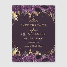 save the date card with purple roses and gold foil