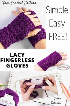 two pictures showing how to crochet fingerless gloves with text that reads, lacy fingerless gloves free