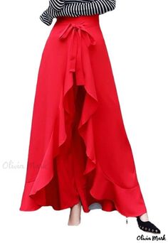 Olivia Mark - Irregular Hem Wide-Leg Culottes: High-Waisted, Solid Color, Fashionable Chic High-low Hem Bottoms, Red Fitted Bottoms With Asymmetrical Hem, Red Bottoms With Asymmetrical Hem, High Waist Skirt, Simple Blouse, Stylish Top, Ruffled Skirt, Red S, High Waist Fashion