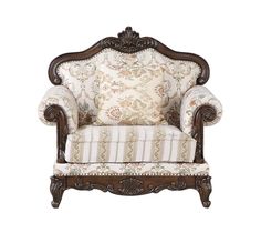 an ornate wooden chair with white and beige upholstered fabric on the armrests