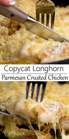 two pictures showing how to make copycat longhorn parmesan crusted chicken