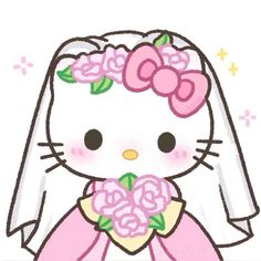 a drawing of a hello kitty holding a bouquet of flowers in front of her face