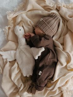 a baby is sleeping with a stuffed animal