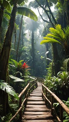 a wooden bridge in the middle of a jungle