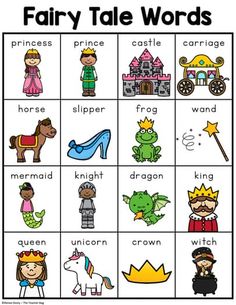 the fairy tale words game is shown with pictures of princesses, knights and unicorns