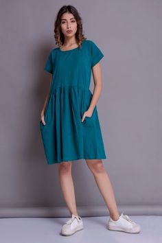 Short sleeved Dress Teal Linen dress Summer dress Knee | Etsy Solid Color Knee-length Dresses With Pleated Waist, Casual Cotton Midi Dress Knee-length, Solid Knee-length Dresses With Pleated Waist, Casual Cotton Knee-length Midi Dress, Mini Workwear Dresses With Side Pockets, Casual Solid Color Dresses With Pockets, Casual Solid Dresses With Pockets, A-line Dress With Pockets For Daywear, Cotton Midi Dress With Pockets For Daywear