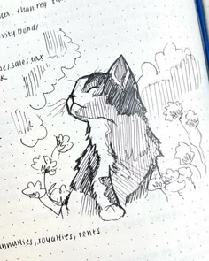 a drawing of a cat sitting on top of a page in a book with writing underneath it