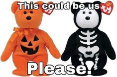 two teddy bears dressed in halloween costumes, one is black and the other is orange