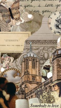 a collage of images with an old clock tower in the background and text that reads, somebody to love