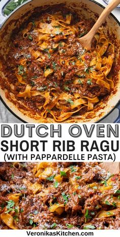 dutch oven short rib ragu with papradelle pasta in a skillet