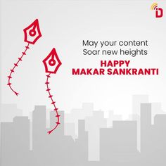 happy makar sanki message with kites flying through the air in front of cityscape