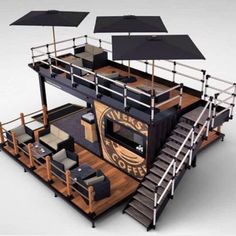 an image of a coffee shop with umbrellas on the roof and stairs leading up to it