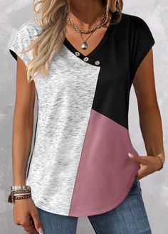 ROTITA Patchwork Pink V Neck Short Sleeve T Shirt Women T Shirt Sewing Pattern, Vneck Tshirt Sewing Pattern, Button Decor, Trendy Tops For Women, Plus Size Kleidung, Refashion Clothes, Trendy Tops, Upcycle Clothes, Fashion Tops