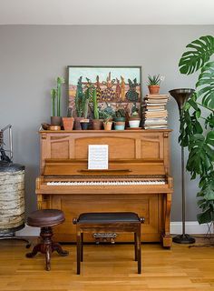 there is a piano in the living room with potted plants on top of it