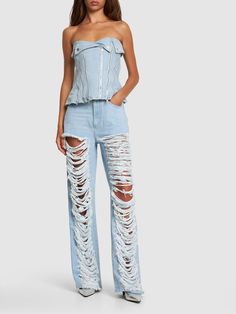 Front button and concealed zip closure. Belt loops. Back logo patch detail. Intentionally distressed and washed areas may vary. Two side pockets. Two back pockets. Model is wearing a size26 Dion Lee, Wide Jeans, Patch Logo, Light Blue, How To Wear, Blue