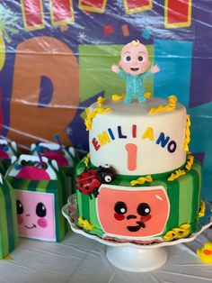 there is a birthday cake with an image of a child on top and other decorations around it