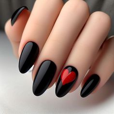 Red White Stripe Nails, Valentines Nails Black And Red, Black And Red Almond Nails, Red And Black Nail Art, Black Chrome Nails, Black Nail Art, Almond Shape Nails, Striped Nails, Black Nail Designs