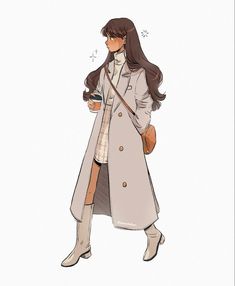 a drawing of a woman in a trench coat and boots walking down the street with her hand on her hip