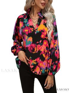 Lasaky - Vibrant Graffiti Print V Neck Blouse with Fashionable Lantern Sleeves, Perfect for Spring and Fall Season, Ideal for Womens Fashion Wardrobe Colorful Long Sleeve Trendy Blouse, Vibrant Multicolor Print Tops For Fall, Trendy Colorful Blouse With Abstract Print, Vibrant Print Blouse For Fall, Colorful Printed Blouse For Fall, Vibrant Printed Tops For Fall, Trendy Fall Blouse With Vibrant Print, Colorful Long Sleeve Vibrant Tops, Fall Vibrant Blouse With Vibrant Print