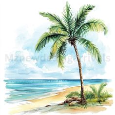 a watercolor painting of a palm tree on a beach with the ocean in the background