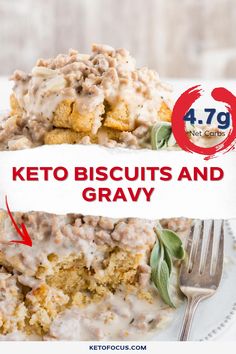 keto biscuits and gravy on a plate with a fork next to it