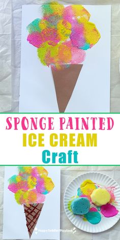 an ice cream cone craft is shown with the words sponge painted on it and two pictures of