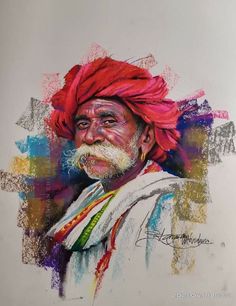 a drawing of a man with red turban on his head and white beard