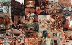 a collage of pictures with pumpkins and other things