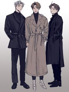 three men standing next to each other wearing coats