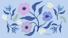 an illustration of flowers and leaves on a blue background