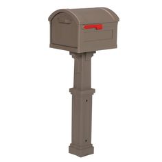 a gray mailbox with a red light on the top and bottom part of it