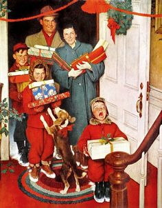 a vintage christmas card with children singing carols and holding presents in front of an open door